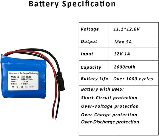 Seasider 12V 2600mAh Rechargeable Li-ion Battery Pack, Bare Leads Wire Lithium Replacement Battery with 12V Charger for 12 Volt Device RC Car, Boat, Robot, DIY, LED Light Strip
