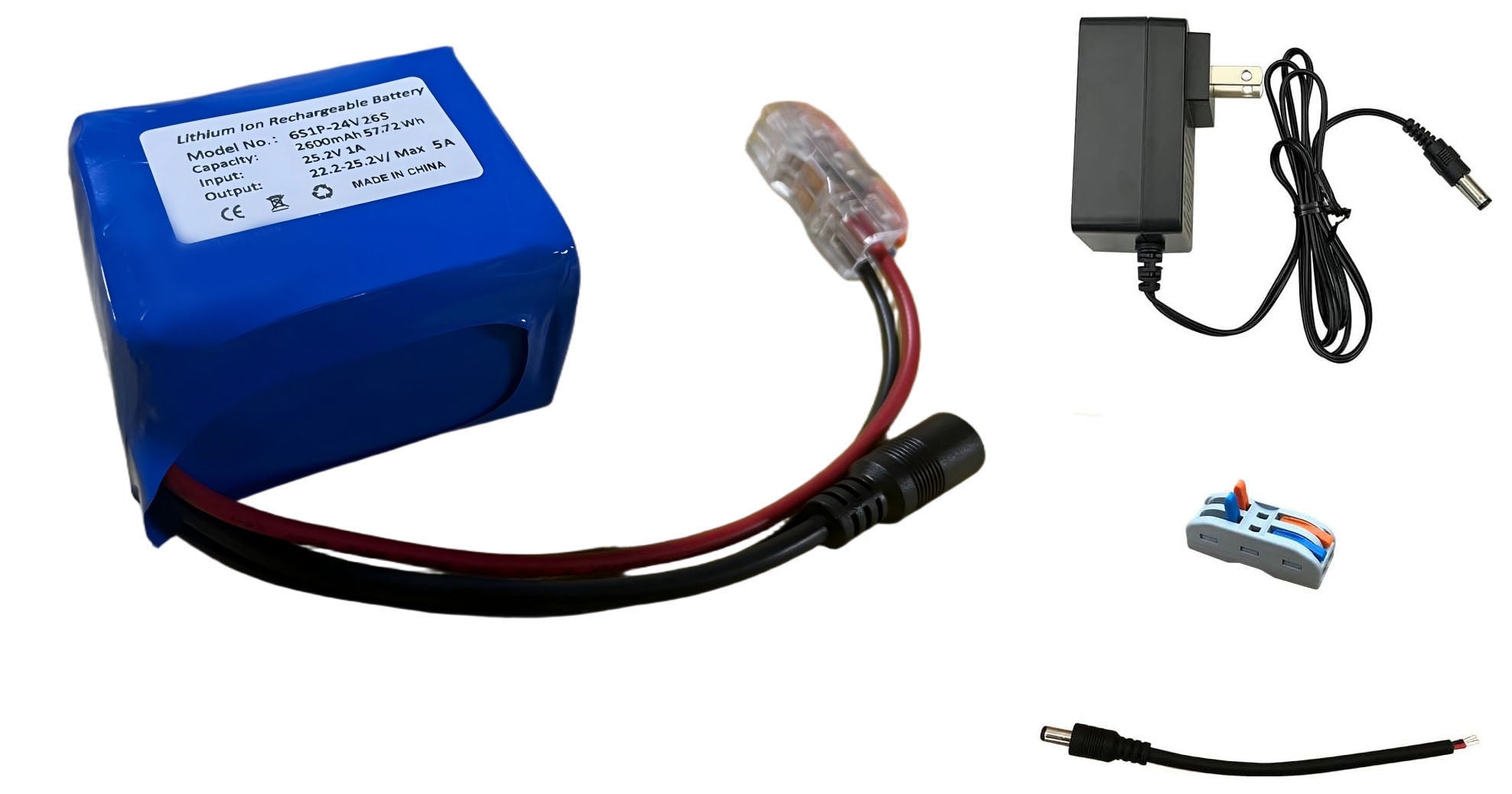 Seasider 24V 2.6Ah Rechargeable Li-ion Battery Pack, Portable Bare Leads Wire Battery with 24V Charger