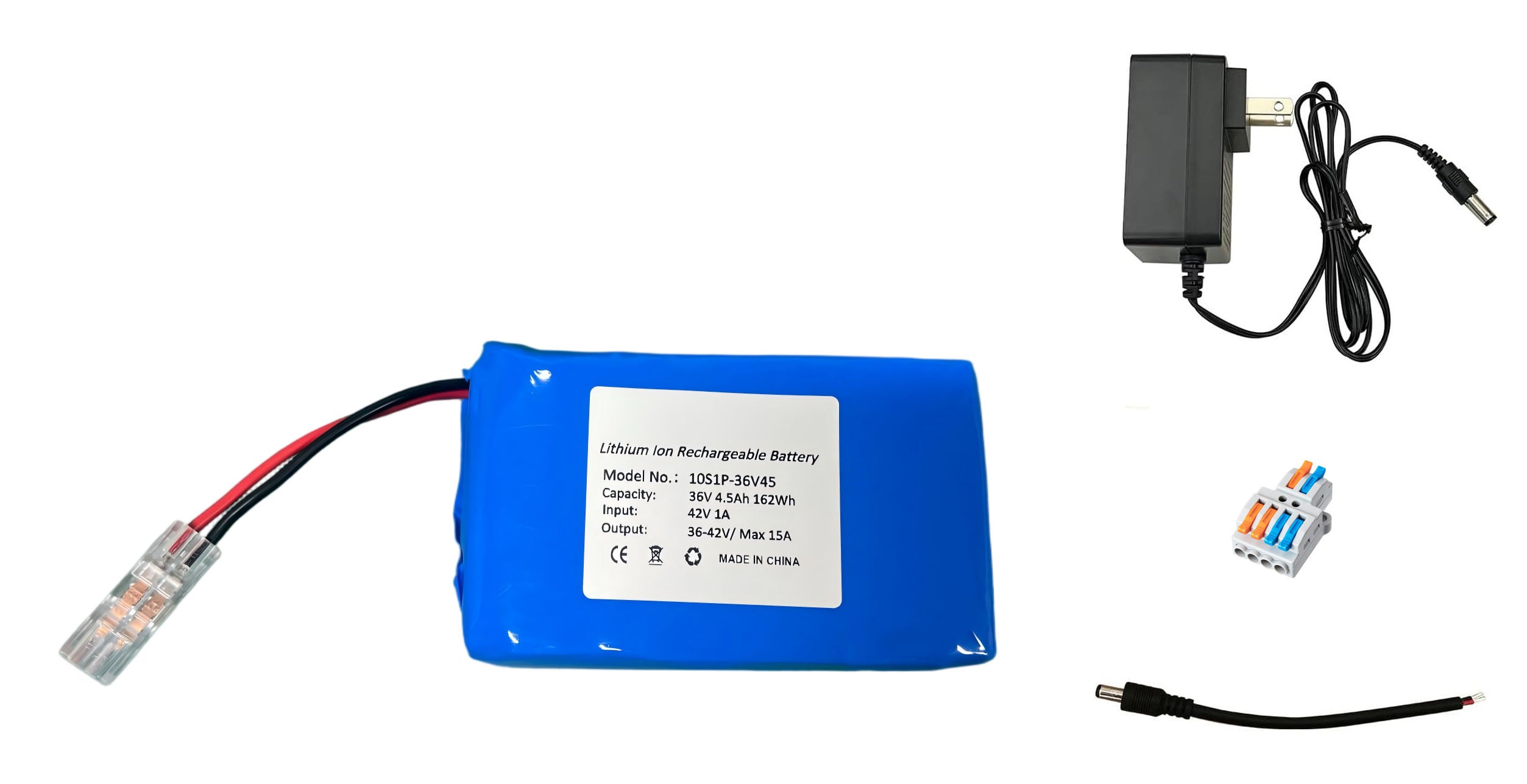 Seasider 36V 4.5Ah Rechargeable Li-ion Battery, Bare Leads Wire Replacement Battery with Charger