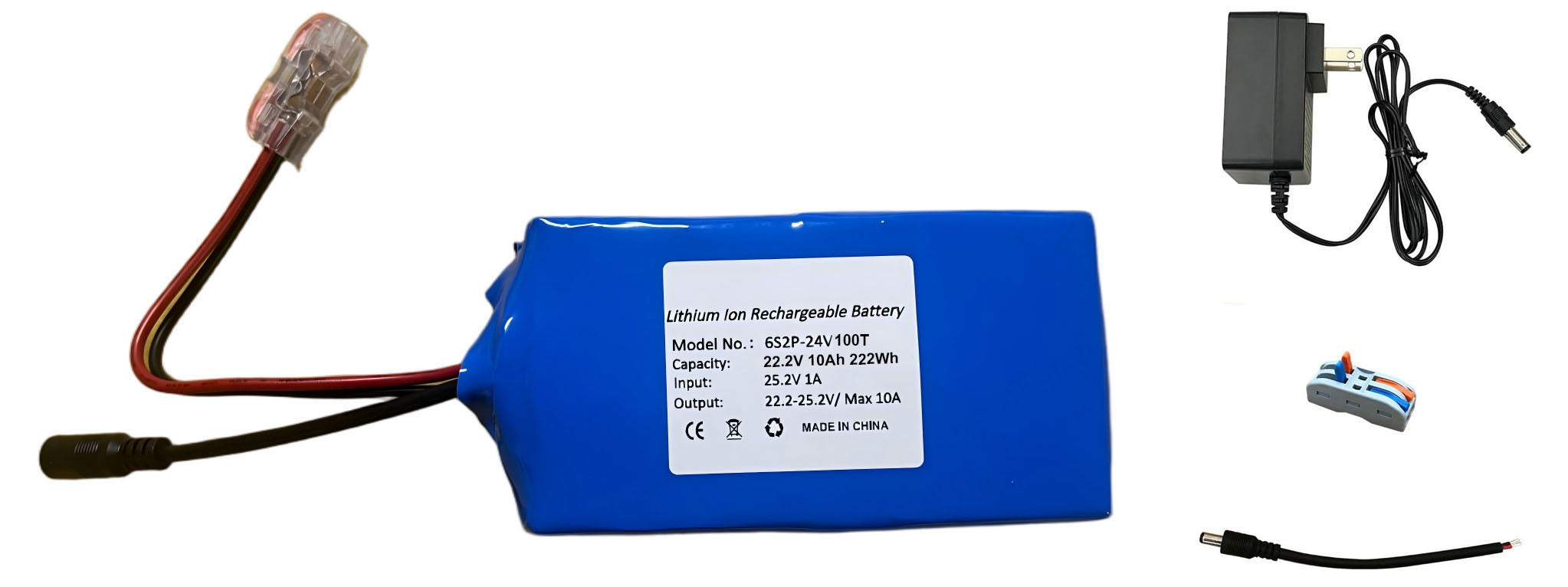 Seasider 24V 10Ah Rechargeable Lithium Battery, DC5521 Plug & Bare Leads Wire Replacement Battery with 24Volt Charger