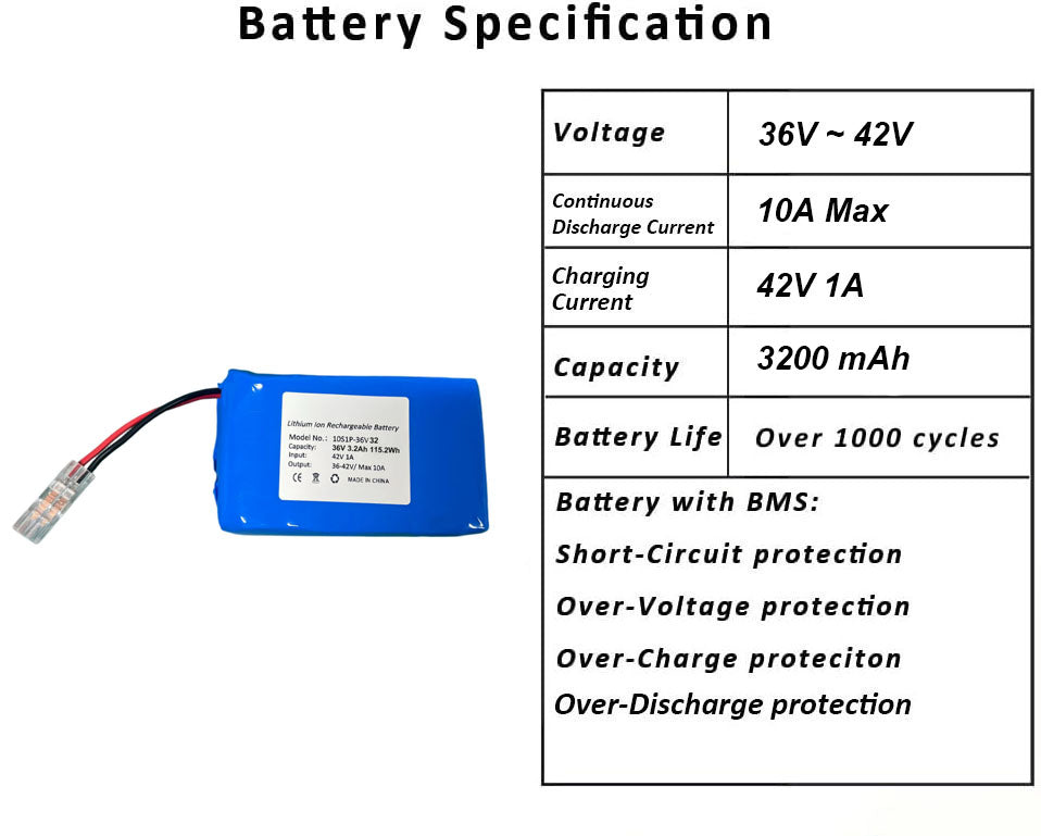 Seasider 36V 3.2Ah Rechargeable Li-ion Battery, Bare Leads Wire Replacement Battery with Charger