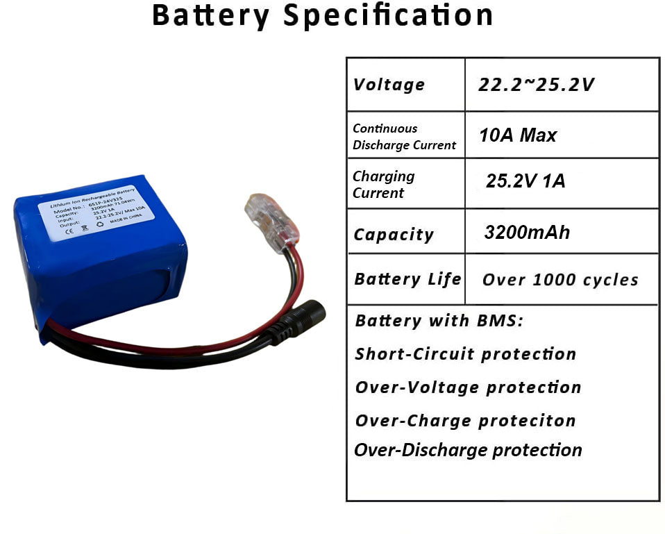 Seasider 24V 3.2Ah Rechargeable Li-ion Battery Pack, Portable Bare Leads Wire Battery with 24V Charger