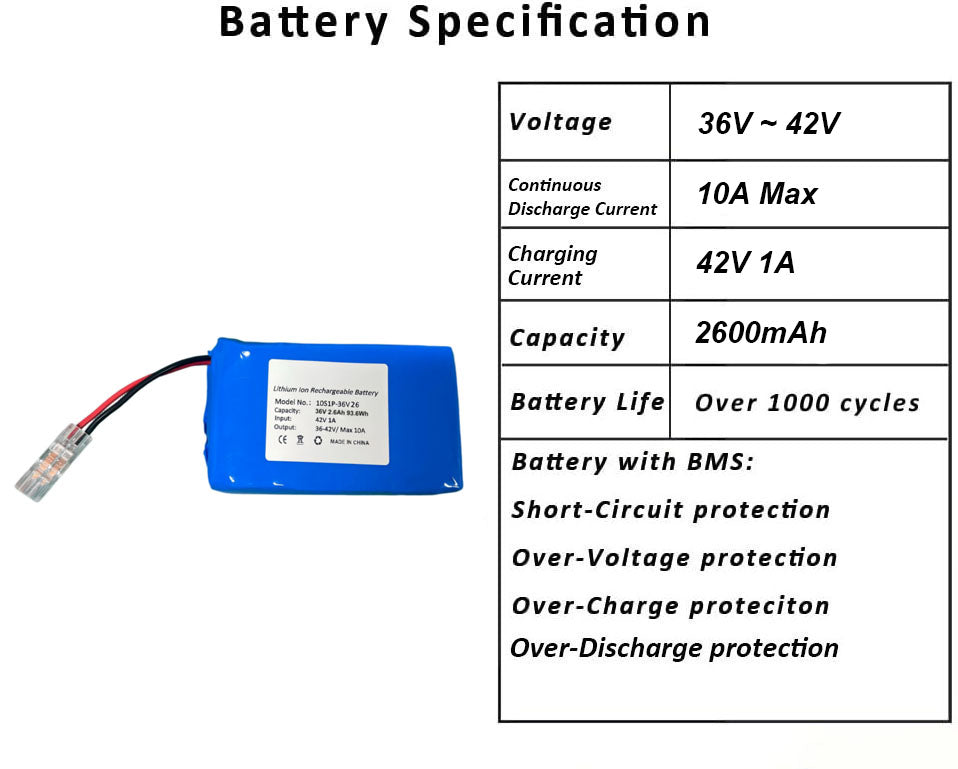 Seasider 36V 2.6Ah Rechargeable Li-ion Battery, Bare Leads Wire Replacement Battery with Charger