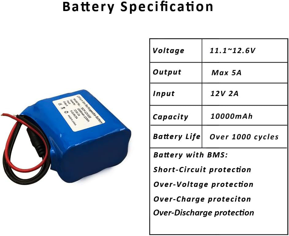 Seasider 12V 10000mAh Rechargeable Lithium Battery Pack, Bare Leads Wire Replacement Li-ion Battery with 12V Charger