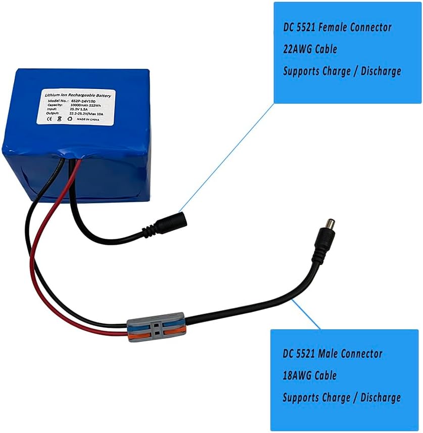 Seasider 24V 10Ah Rechargeable Lithium Battery, DC5521 Plug & Bare Leads Wire Replacement Battery with 24Volt Charger