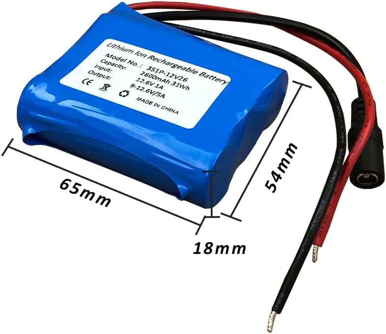 Seasider 12V 2600mAh Rechargeable Li-ion Battery Pack, Bare Leads Wire Lithium Replacement Battery with 12V Charger for 12 Volt Device RC Car, Boat, Robot, DIY, LED Light Strip