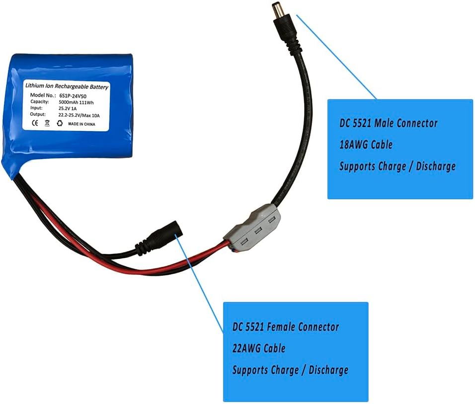 Seasider 24V 5Ah Rechargeable Li-ion Battery Pack, Portable Bare Leads Wire Replacement Battery with 24Volt Charger