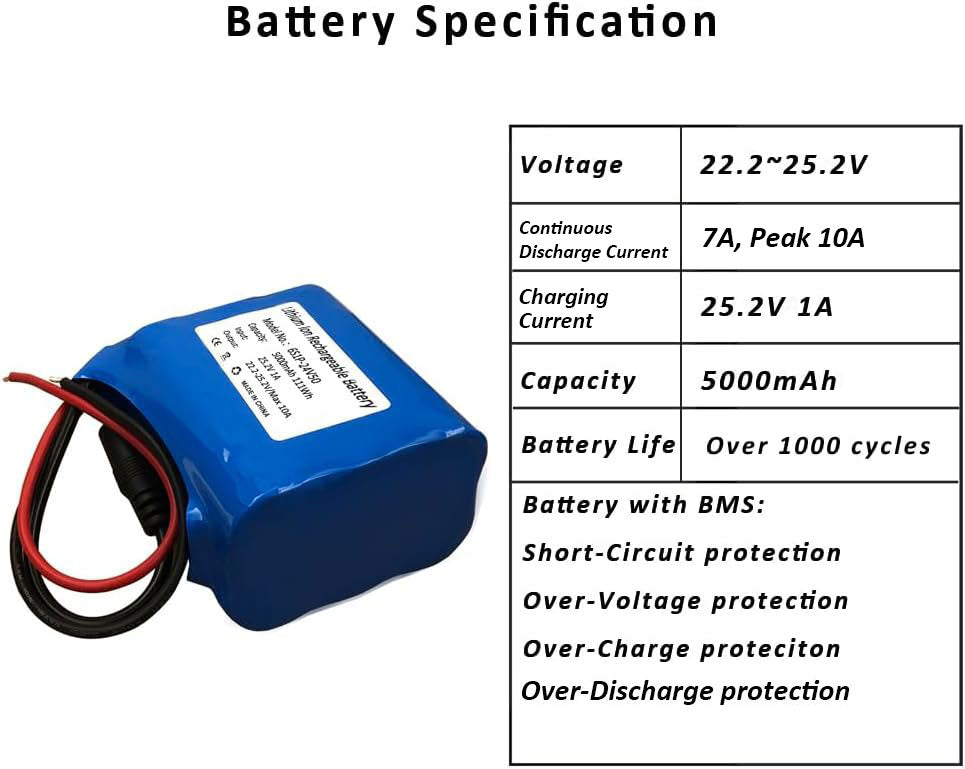 Seasider 24V 5Ah Rechargeable Li-ion Battery Pack, Portable Bare Leads Wire Replacement Battery with 24Volt Charger