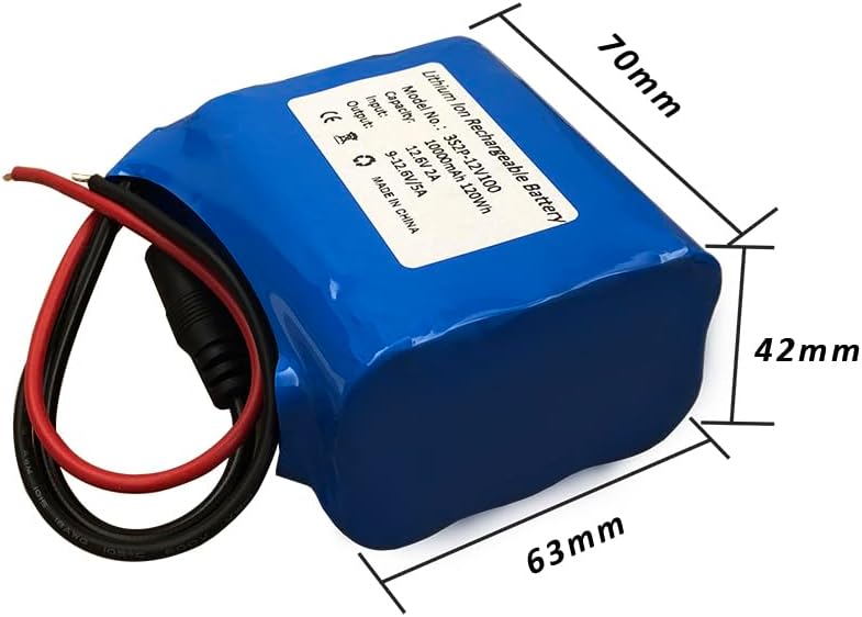 Seasider 12V 10000mAh Rechargeable Lithium Battery Pack, Bare Leads Wire Replacement Li-ion Battery with 12V Charger for 12 Volt Device RC Car, Boat, Robot, LED Light Strip