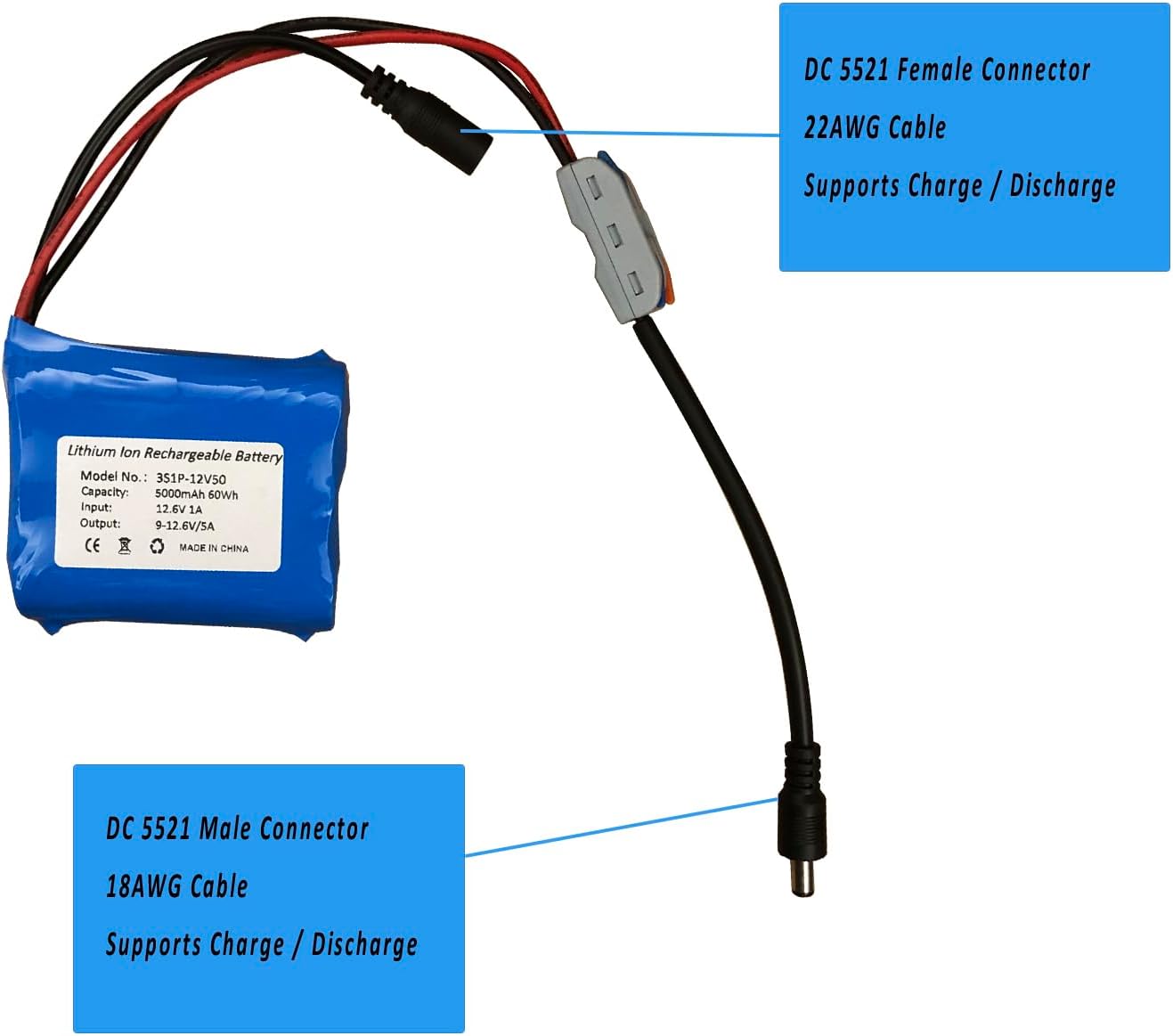 Seasider 12V 5000mAh Li-ion Battery Pack, Bare Leads Wire Lithium Replacement Battery with 12V Charger for 12 Volt Device RC Car, Robot, DIY, LED Light Strip