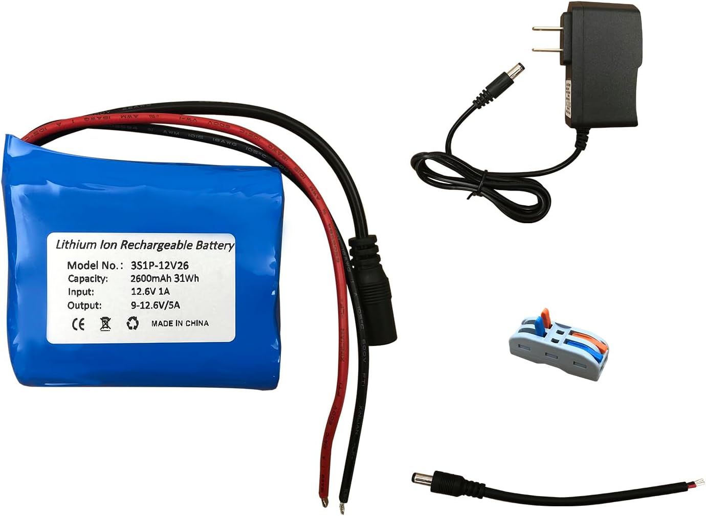 Seasider 12V 2600mAh Rechargeable Li-ion Battery Pack, Bare Leads Wire Lithium Replacement Battery with 12V Charger for 12 Volt Device RC Car, Boat, Robot, DIY, LED Light Strip