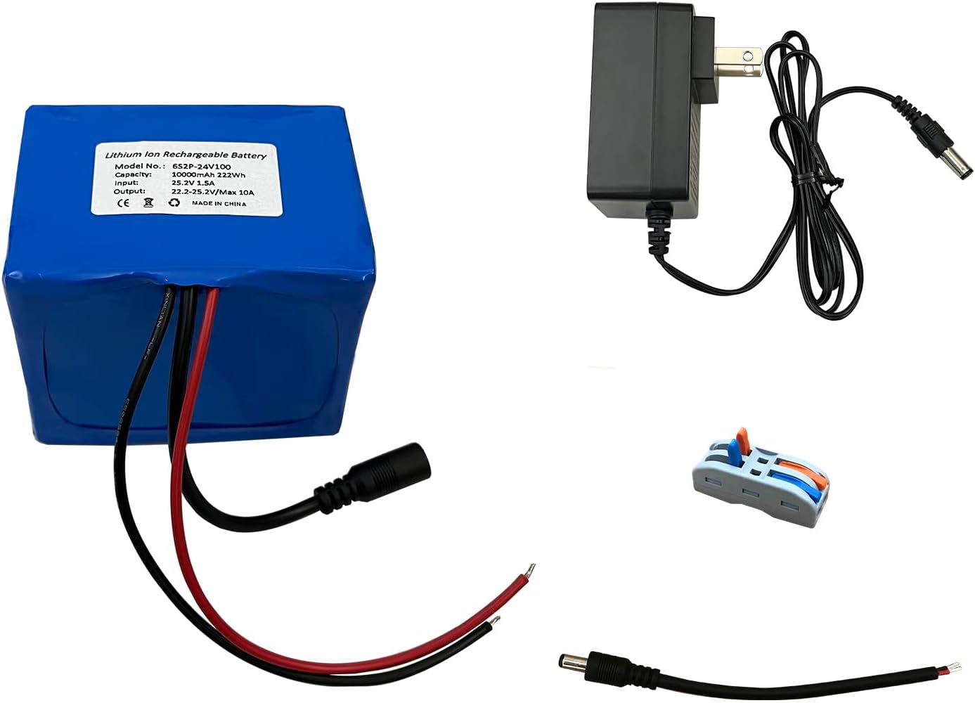 Seasider 24V 10Ah Rechargeable Lithium Battery, DC5521 Plug & Bare Leads Wire Replacement Battery with 24Volt Charger