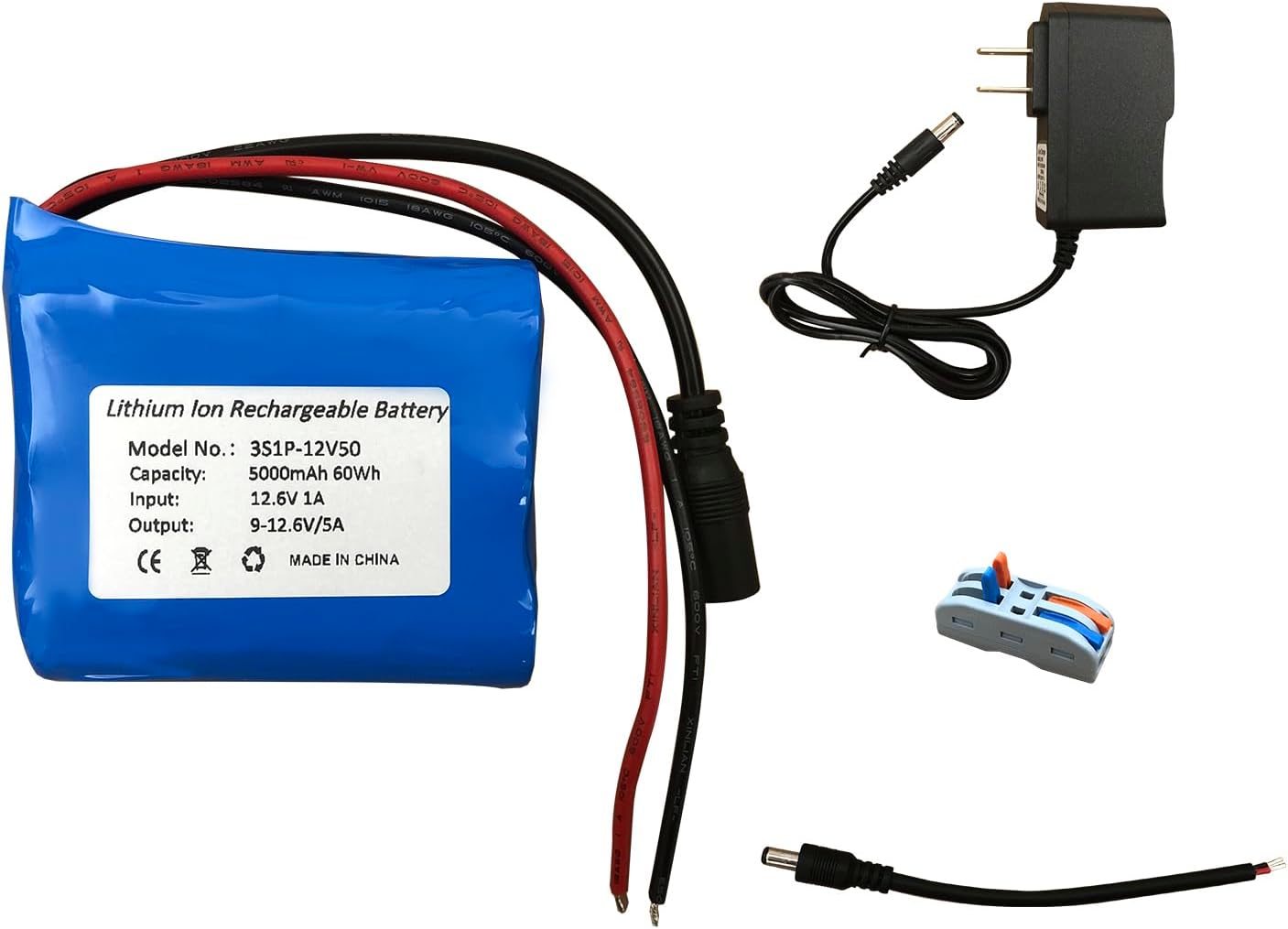 Seasider 12V 5000mAh Li-ion Battery Pack, Bare Leads Wire Lithium Replacement Battery with 12V Charger for 12 Volt Device RC Car, Robot, DIY, LED Light Strip