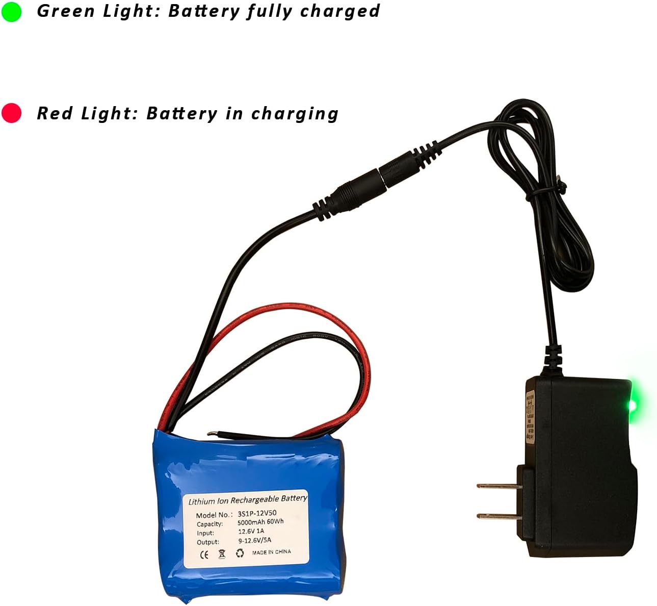 Seasider 12V 5000mAh Li-ion Battery Pack, Bare Leads Wire Lithium Replacement Battery with 12V Charger for 12 Volt Device RC Car, Robot, DIY, LED Light Strip