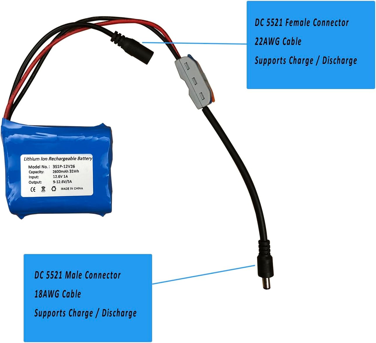 Seasider 12V 2600mAh Rechargeable Li-ion Battery Pack, Bare Leads Wire Lithium Replacement Battery with 12V Charger for 12 Volt Device RC Car, Boat, Robot, DIY, LED Light Strip
