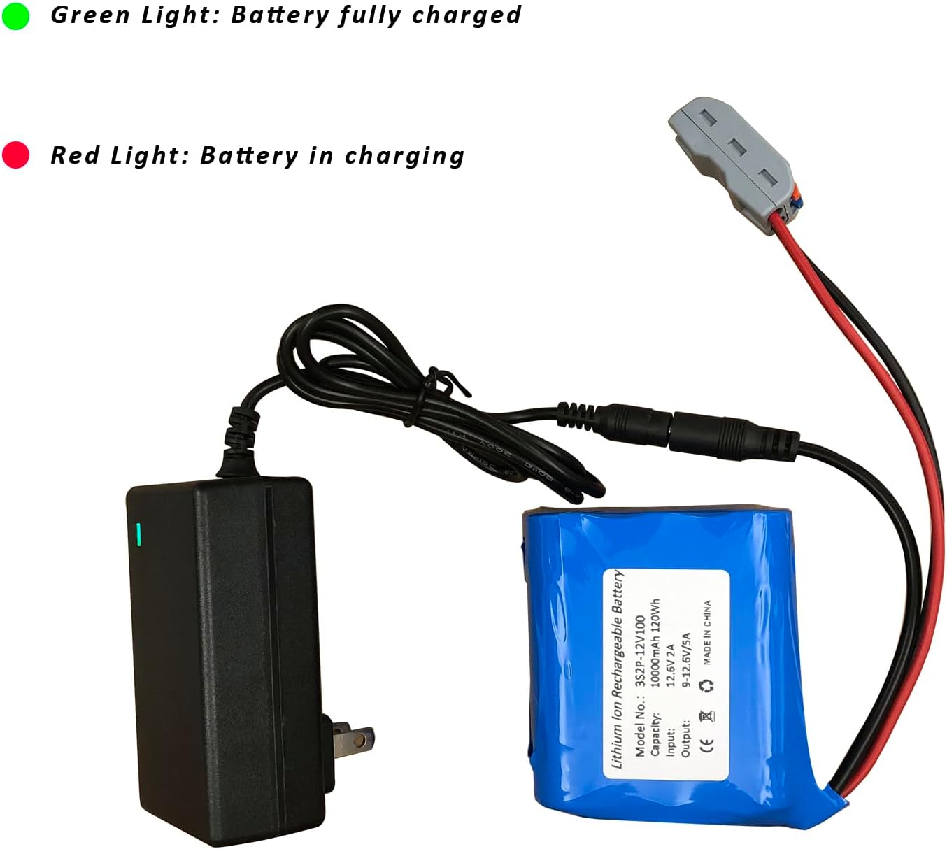 Seasider 12V 10000mAh Rechargeable Lithium Battery Pack, Bare Leads Wire Replacement Li-ion Battery with 12V Charger for 12 Volt Device RC Car, Boat, Robot, LED Light Strip