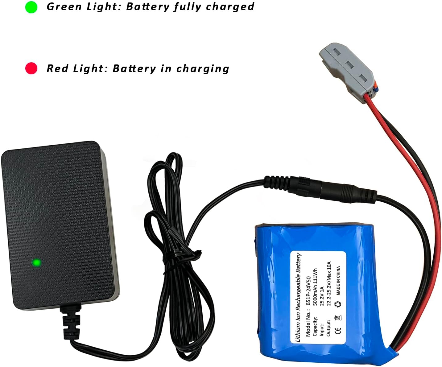 Seasider 24V 5Ah Rechargeable Li-ion Battery Pack, Portable Bare Leads Wire Replacement Battery with 24Volt Charger