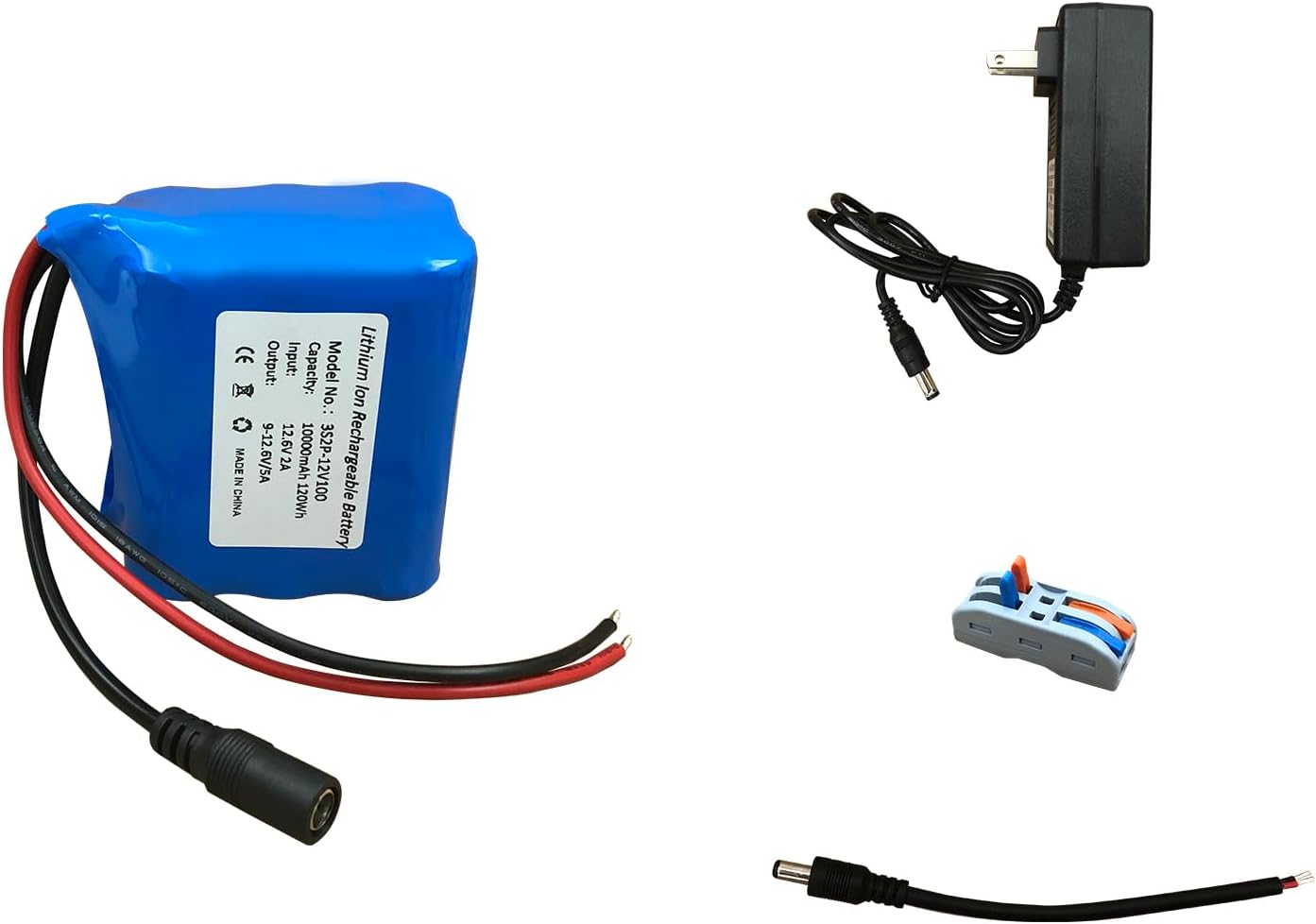 Seasider 12V 10000mAh Rechargeable Lithium Battery Pack, Bare Leads Wire Replacement Li-ion Battery with 12V Charger for 12 Volt Device RC Car, Boat, Robot, LED Light Strip